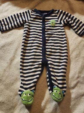 Carter's Navy & White Striped One-Piece Footie with Green Monster